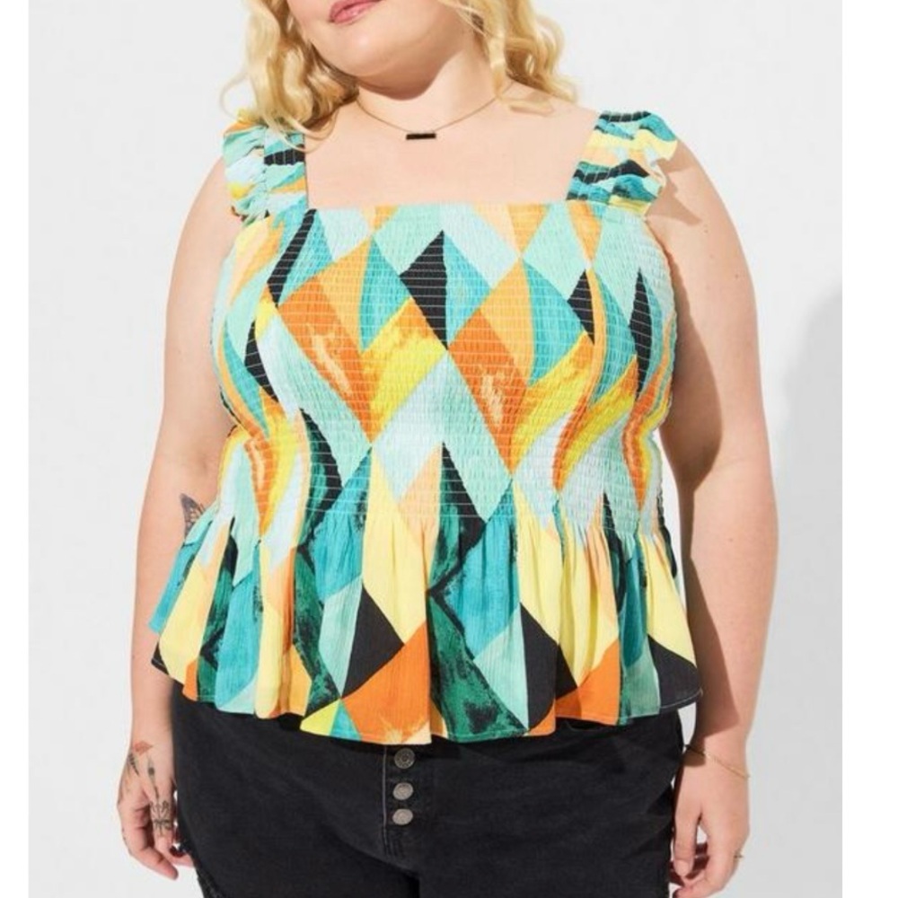 Torrid Colorful Geometric Washable Crinkle Gauze Smocked Tank Top Size 3X